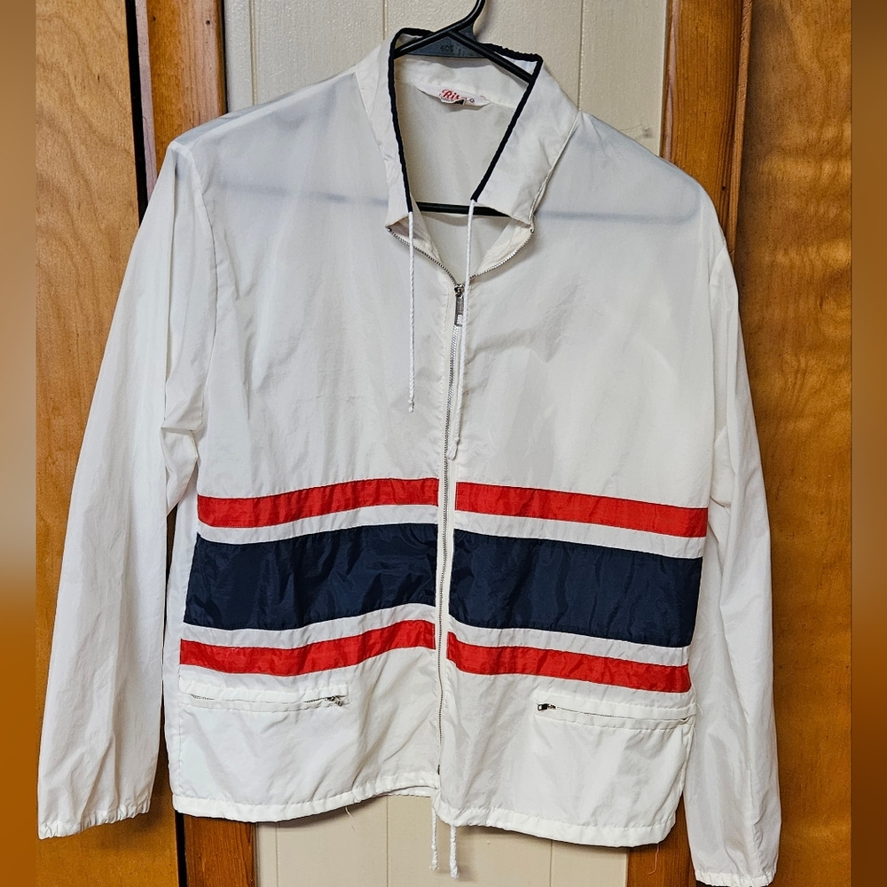 Classic White Varsity Jacket with Red and Blue Accents